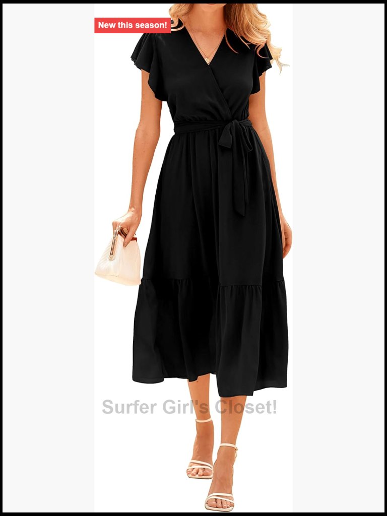 Wrap V-Neck Ruffle Sleeveless A-Line Pleated Midi Dress With Belt